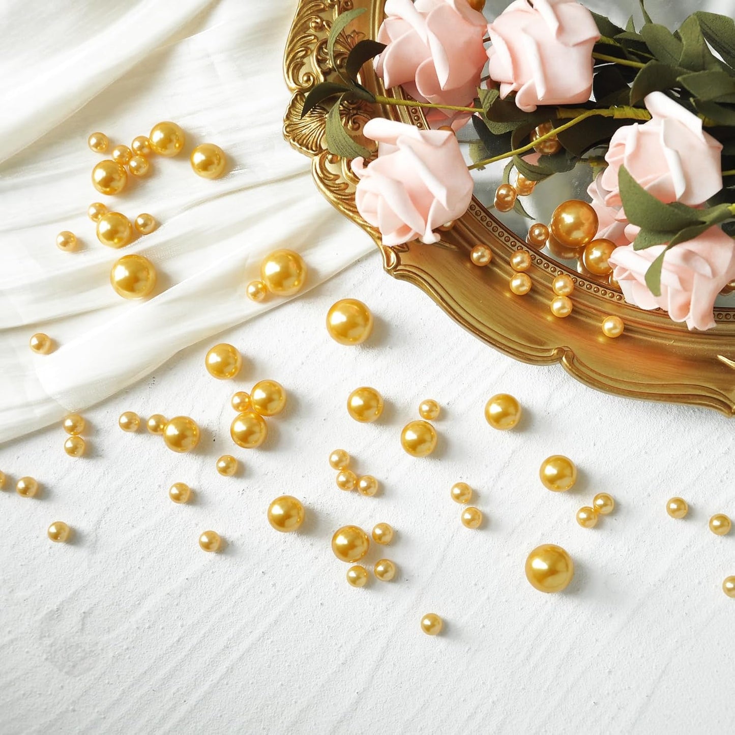 520Pcs Gold Beads for Centerpieces Decor, Artifical Pearls Vase Filler, Large Beads for Makeup Brush, No Hole Round Pearl Beads for Wedding Birthday Christmas Party Home Decor(18mm 14mm 6mm)