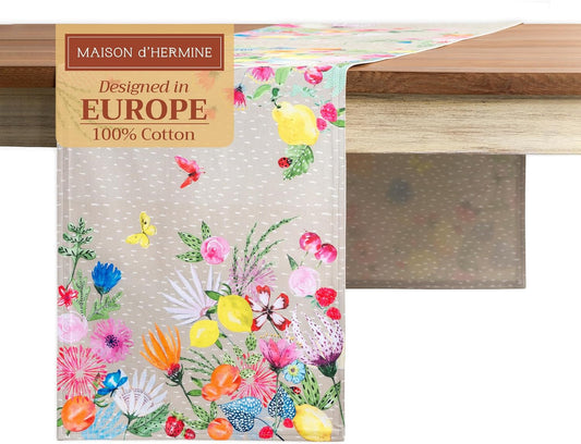 Maison d' Hermine Table Runner 100% Cotton Double Layer Table Runners 72 inches Long Decorative for Home Kitchen Dining Party Wedding Bridal Shower Spring Summer (Jardin D'Ete - Fog, 14.50" x 72")