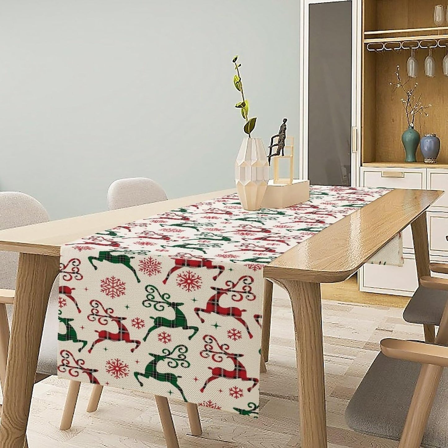 Christmas Table Runner,Christmas Plaid Deer Print Farmhouse Table Cloth Kitchen Dining Table Decoration for Home Party Decor 13x36 Inch