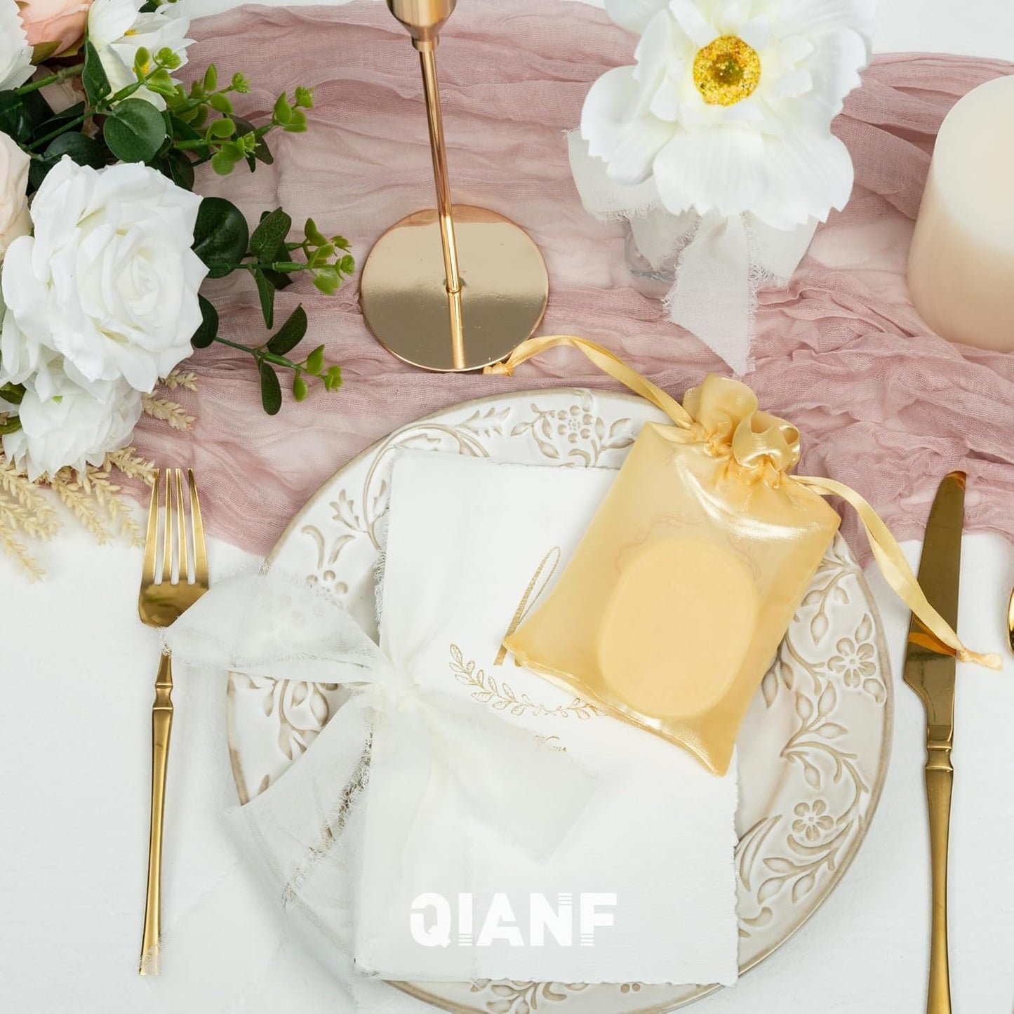 QIANF 20 Pcs Gold Small Organza Bags 4X6 inch for Wedding Favors with Drawstring, Mini Mesh Gift Bags Jewelry Pouch for Candy Bridal Shower Party Favor Baby Shower Christmas