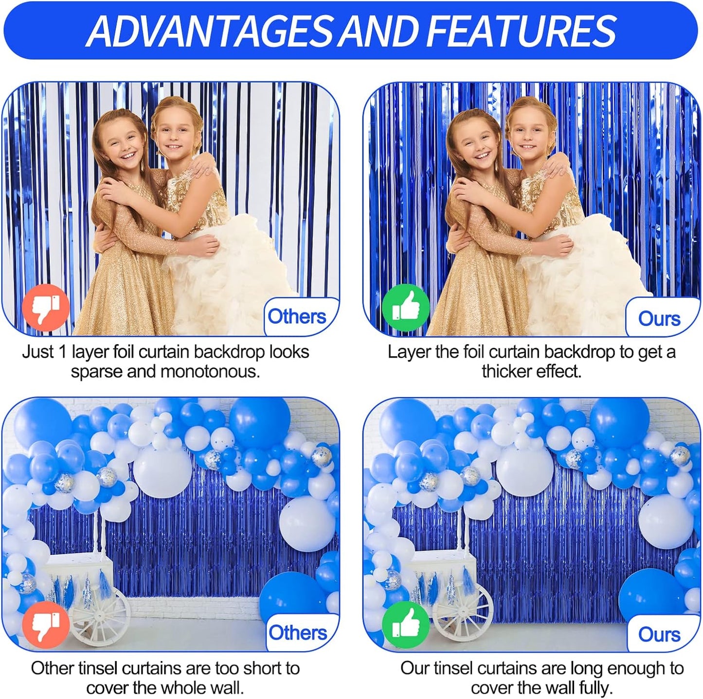 Crosize 7 Pack 3.3 x 9.9 ft Dark Blue Foil Fringe Backdrop Curtain, Streamer Backdrop Curtains, Birthday Party Decorations, Tinsel Curtain for Parties, Galentines Decor, Preppy, Photo Booth