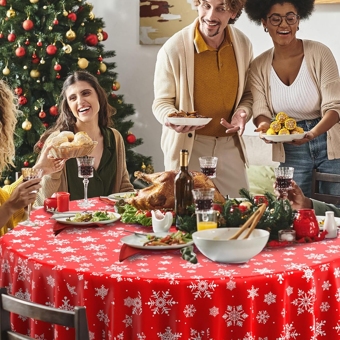 3 Pieces Christmas Snowflake Plastic Party Tablecloth Decorations, Disposable White Snowflake Red Xmas Round Table Cover Backdrop for Winter Christmas Holiday New Year Party Supplies,84 inch (Red)