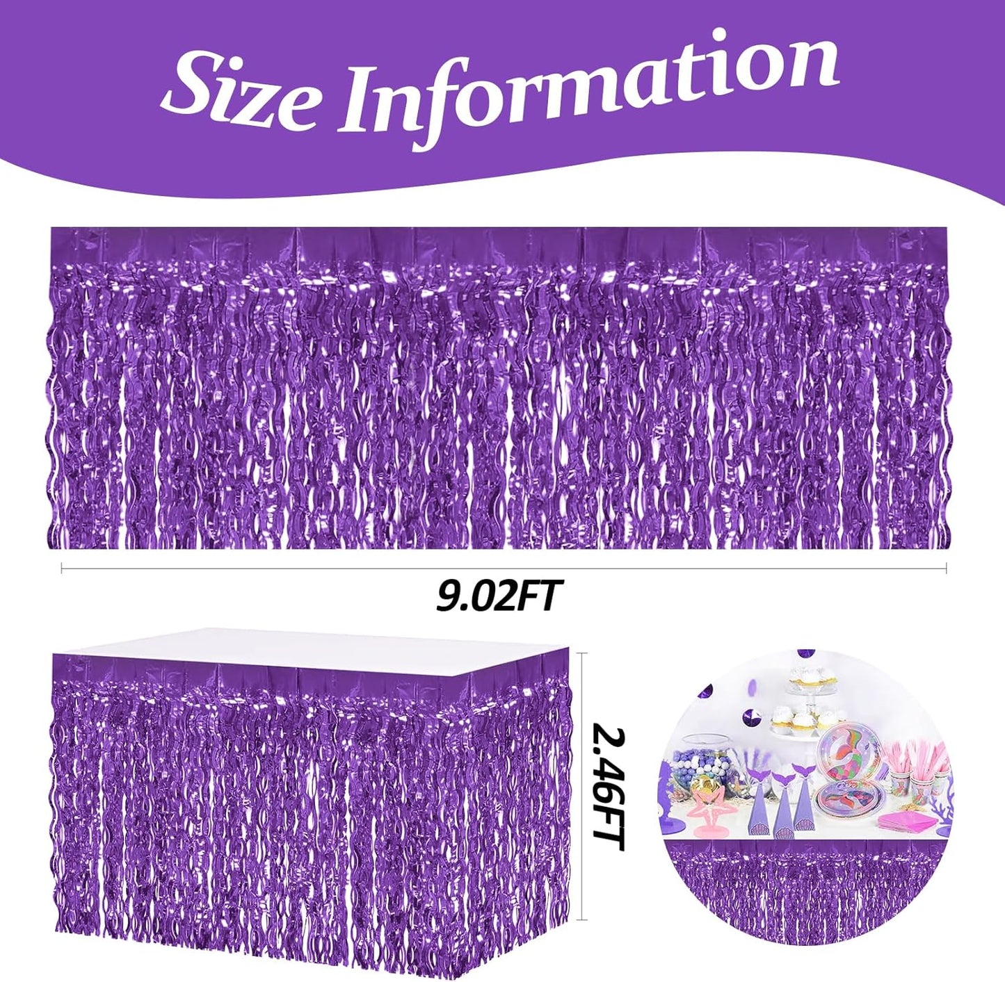 4P Wavy Metallic Tinsel Foil Fringe Table Skirts for Rectangle Tables Backdrop Garland Curtains for Parade Floats Wedding Birthday Parties Decoration Graduation 2025 Christmas (Light Purple)