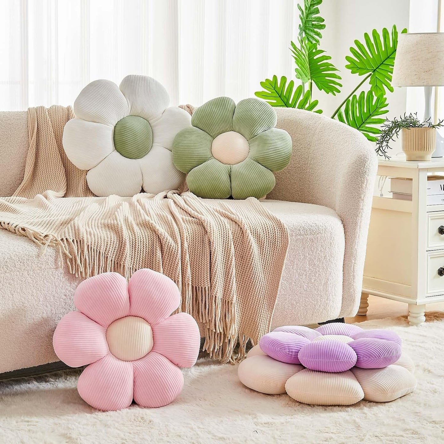 Beige Flower Pillow, 17.7" Cute Flower Shaped Floor Pillow, Aesthetic Floral Plush Daisy Decorative Throw Pillows for Bed Sofa Couch