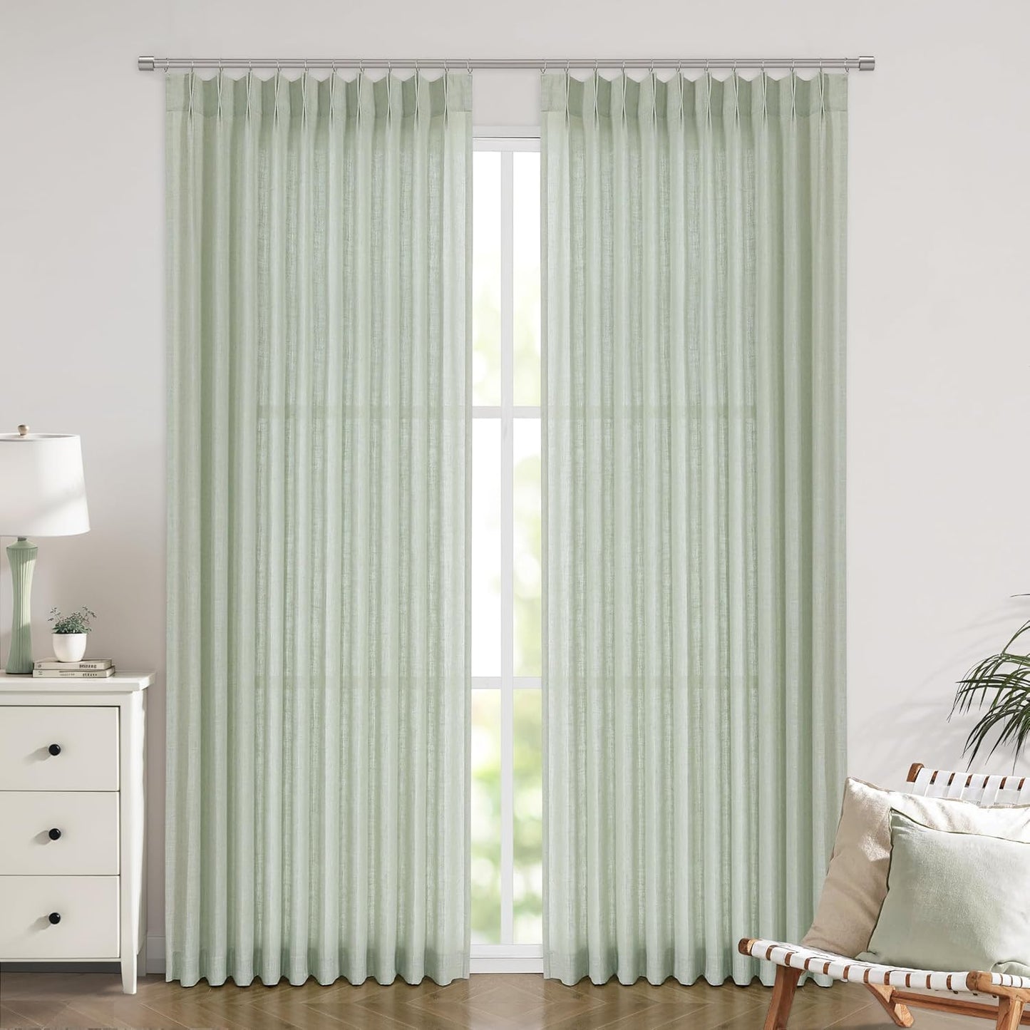 Vision Home Light Green Pinch Pleated Semi Sheer Curtains Textured Linen Blended Light Filtering Window Curtains 84 inch for Living Room Bedroom Patio Pinch Pleat Drapes with Hooks 1 Panel 60" Wx84 L