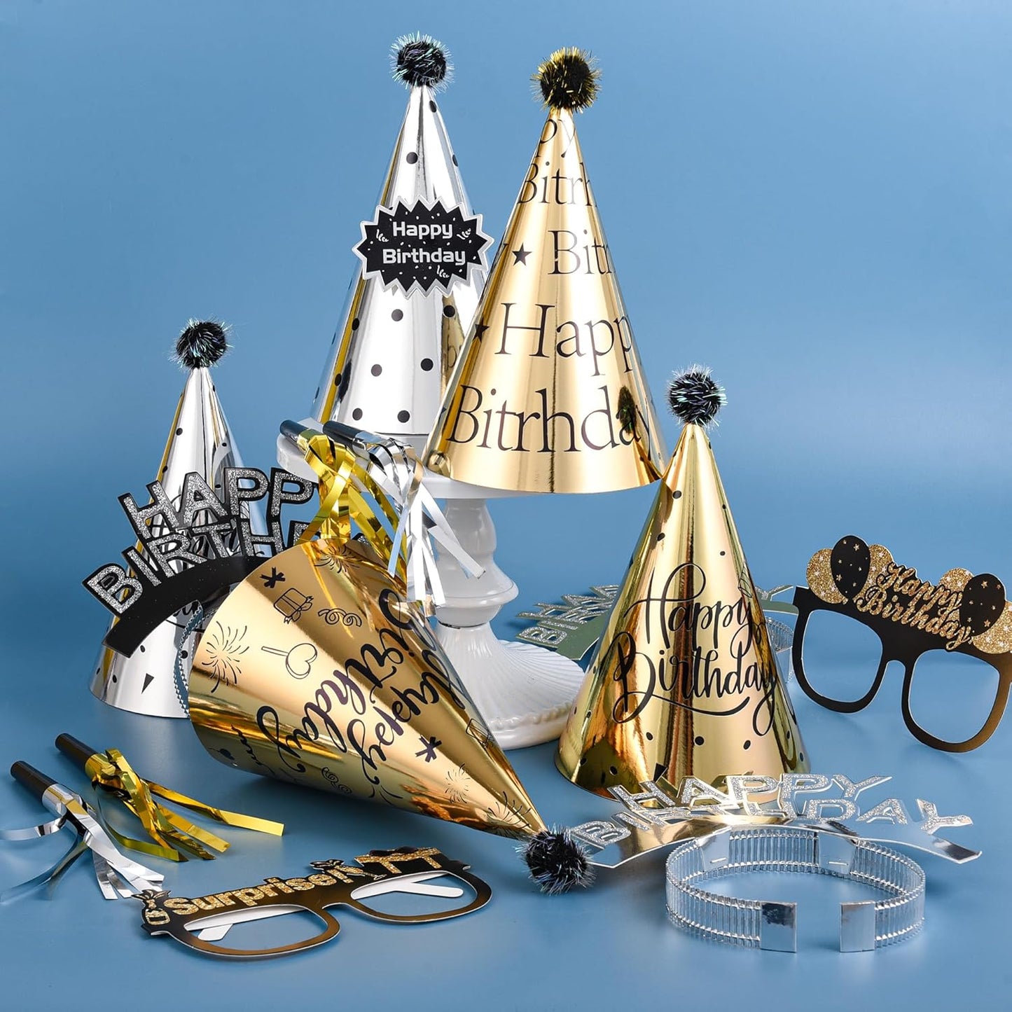 36 Pcs Black Golden Birthday Party Hats Set Includes 6 Party Cone Hats 6 Birthday Headband 12 Paper Glasses 12 Noise Makers Party Favors for Baby Shower Photo Booth Props