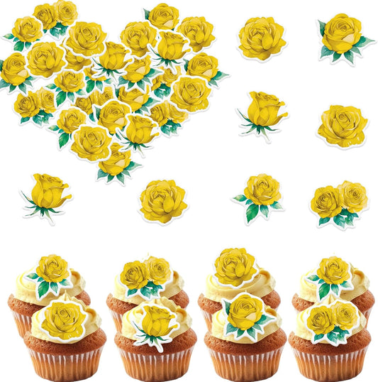 48PCS Edible Rose Flower Cupcake Toppers Wafer Paper Roses Decorations Flower Birthday Party Decorations Rose Cake Toppers for Wedding Engagement Birthday Party Cake Decor Supplies (Yellow)