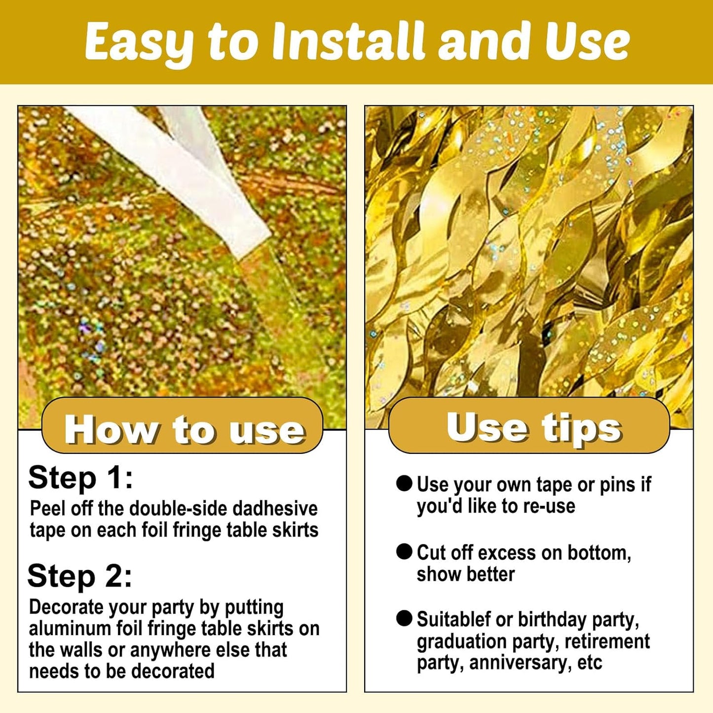 6 Pack 29x108 Inch Gold Wave Foil Fringe Table Skirts Metallic Banner for Tinsel Streamer Garland Backdrop for Parade Floats Mother's, Graduate, Mardi Gras, Birthday, Wedding Party Decorations