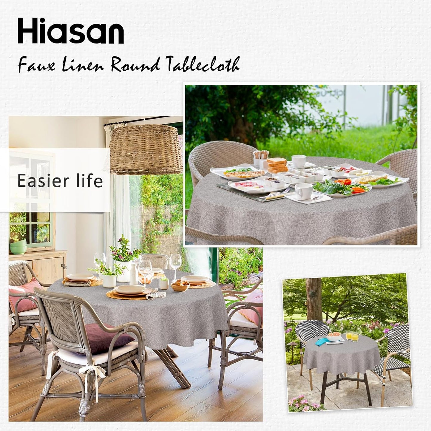 Hiasan Round Linen Tablecloth 40 Inch - Wrinkle and Stain Resistant Washable Polyester Fabric Table Cloth for Dining Room Kitchen Party, Stone