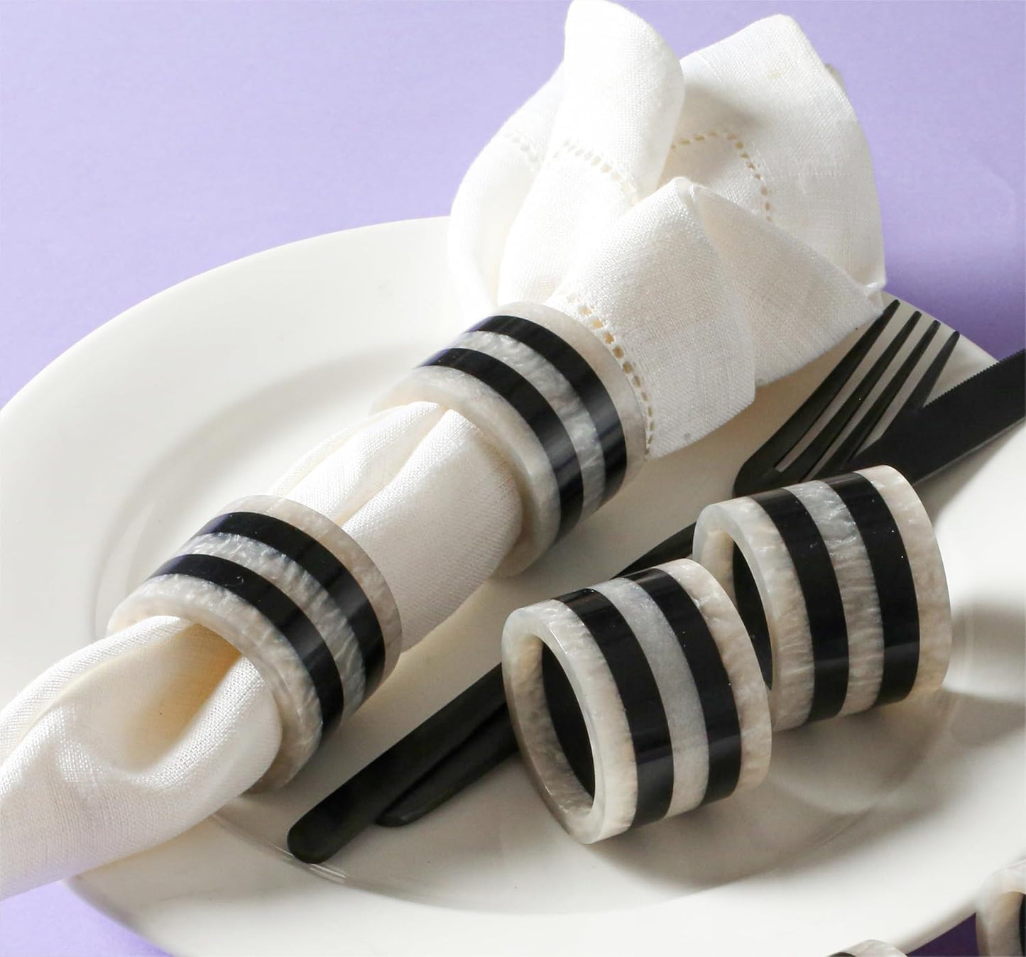 Napkin Rings Set of 12, Resin Round Napkin Holders for Cloth Napkins, Elegant Serviette Rings for Dinner Parties, Weddings, Holiday Décor, Modern Dining Accessories (Black White) - ALPHA Living HOME