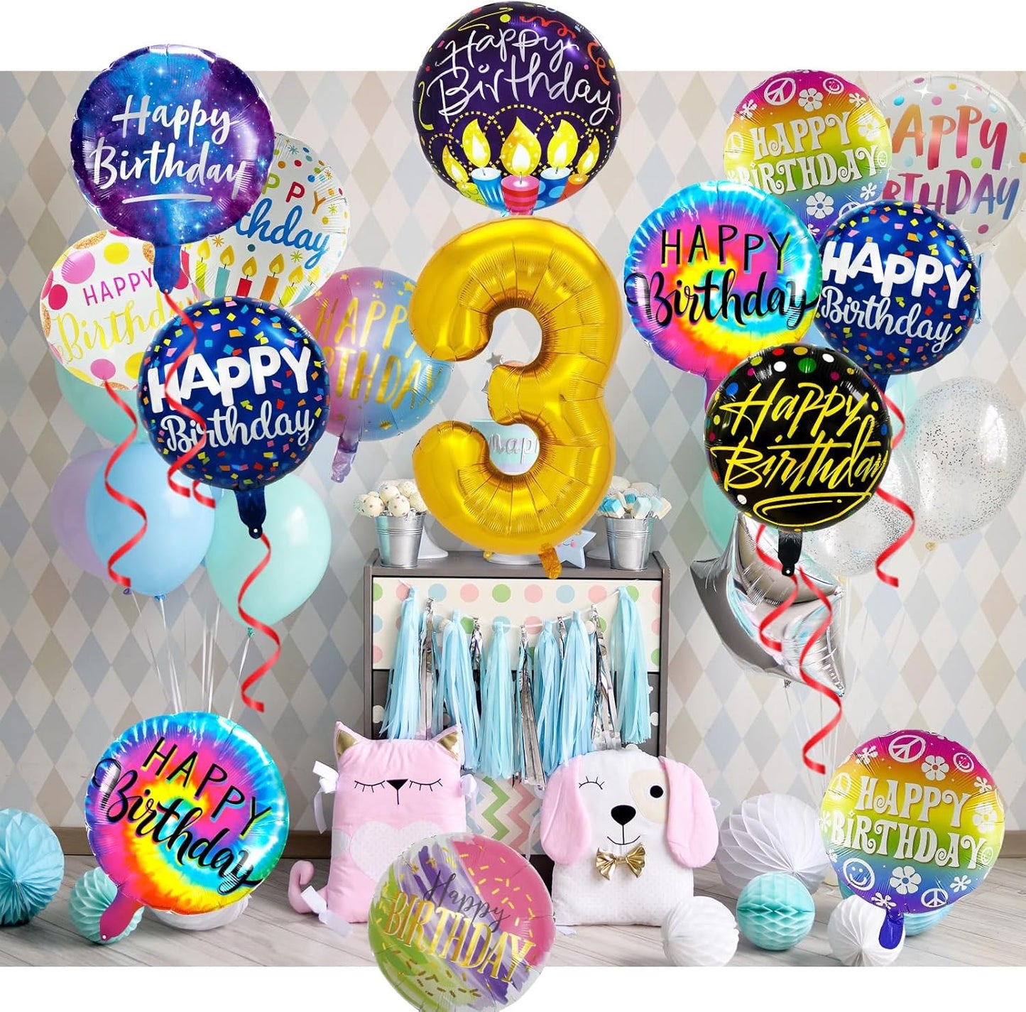 50 Pcs Happy Birthday Party Aluminum Foil Balloons and 3th Birthday Decorations, 18 Inch Round With Sign for Boys/Girls (3)