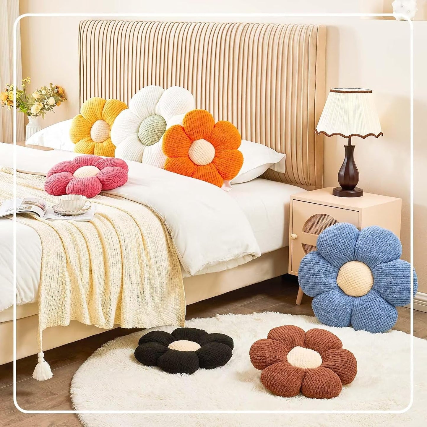 Flower Throw Pillow, Soft Black 19.6" Shaped Floor Pillow for Home Decor, Cute Aesthetic Plush Decorative Pillows for Bed, Sofa, Couch