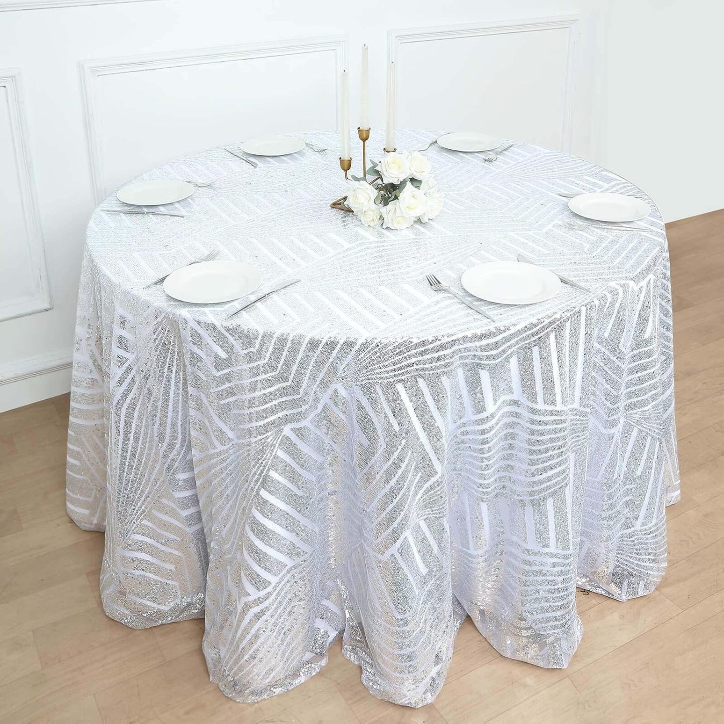 Efavormart 120" Silver Sparkly Sequin Geometric Tulle Round Tablecloth