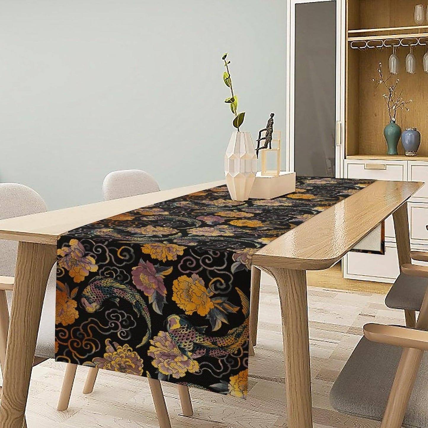 Japanese Table Runner Retro Flowers Oriental Tradition Kio Fish Art Printed Burlap Runner Home Kitchen Dining Table Living Room Decor Fabric 1 Panel W13xL90in