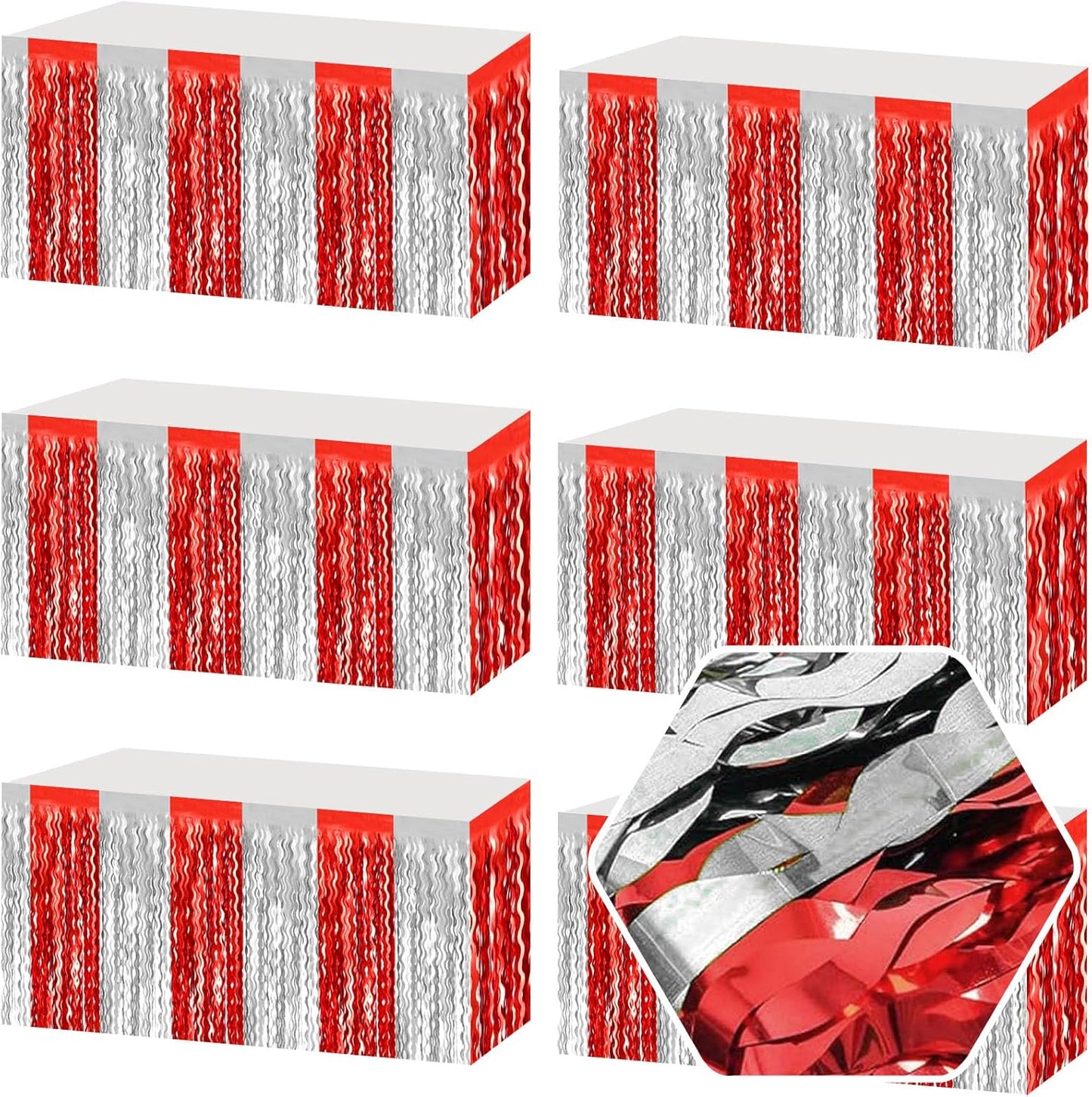 6 Pack 29 x108 Inch Red Silver Wave Foil Fringe Table Skirts Metallic Banner for Tinsel Streamer Garland Backdrop for Parade Floats, Mother's Day, Easter, Wedding, Birthday Party Decoration
