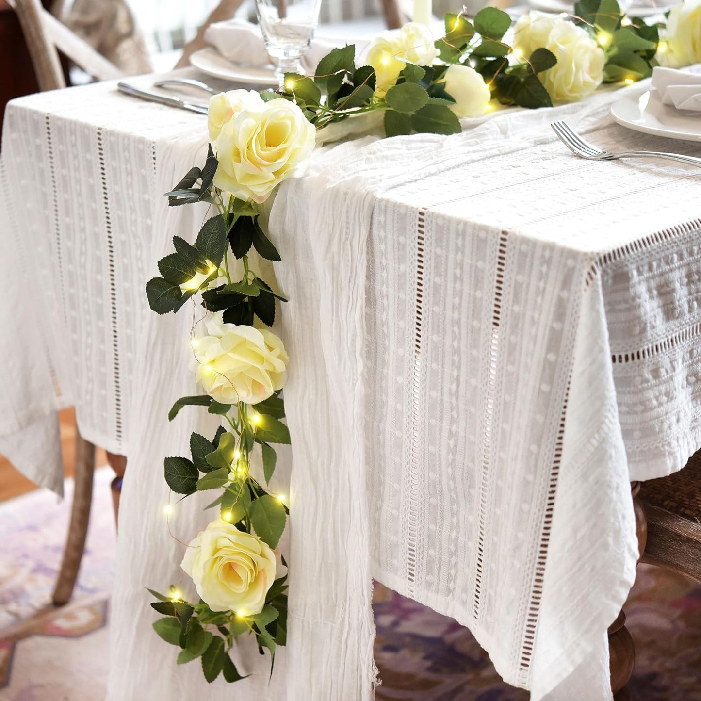 FiveSeasonStuff Product Image 29 Ft 4 Pack Cream White Rose Silk Flower Garland Artificial Flowers Decoration Hanging Floral with 66 feet String Lights