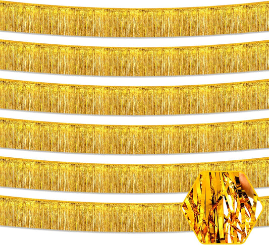 6 Pack 10 Feet Gold Foil Fringe Garland Metallic Tinsel Streamers Banner Wall Hanging Curtain Backdrop for Parade Floats, Birthday, Graduate, Mother's Day, Wedding Party Decoration