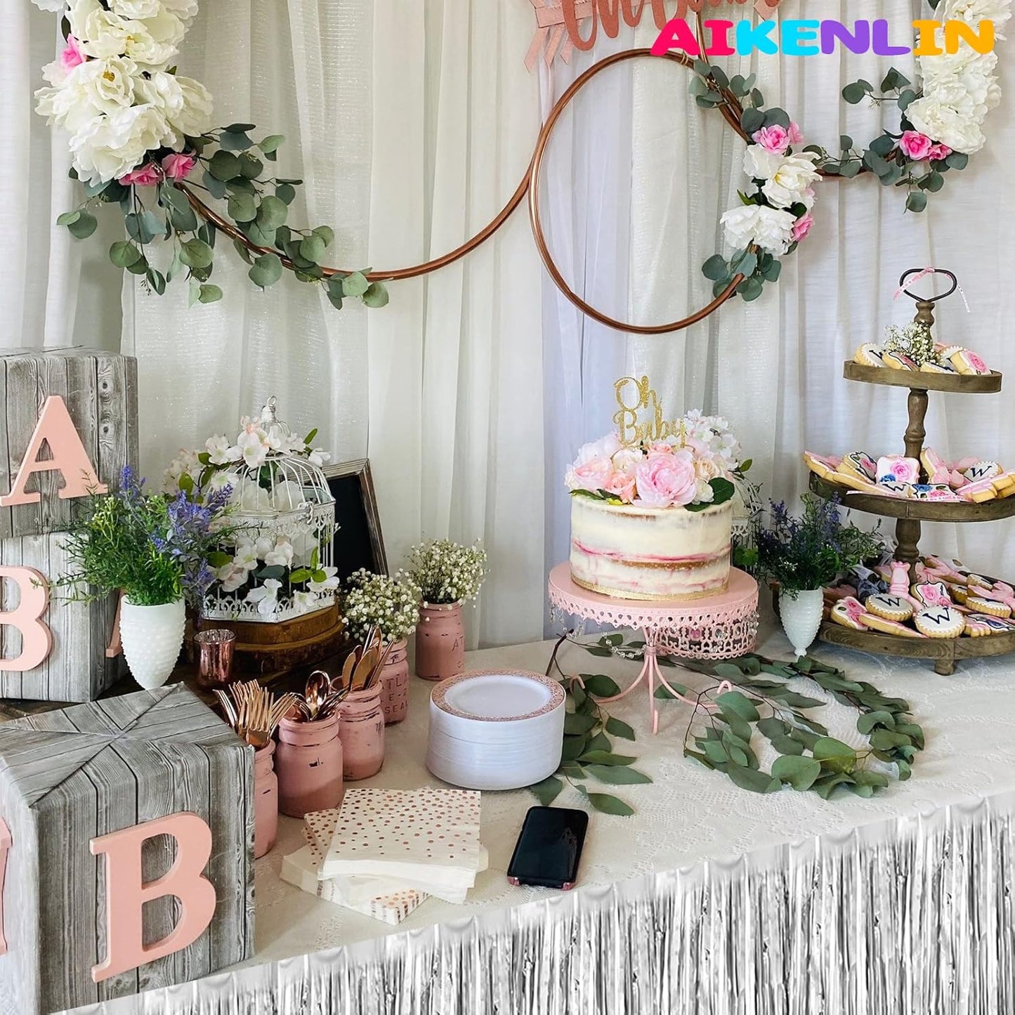 6 Pack 29x108 Inch Metallic Foil Fringe Tinsel Table Skirts Banner for Rectangle Tables Streamer Garland Curtains Backdrop for Wedding, Birthday, Parade Floats, Christmas Party Decoration(Silver)