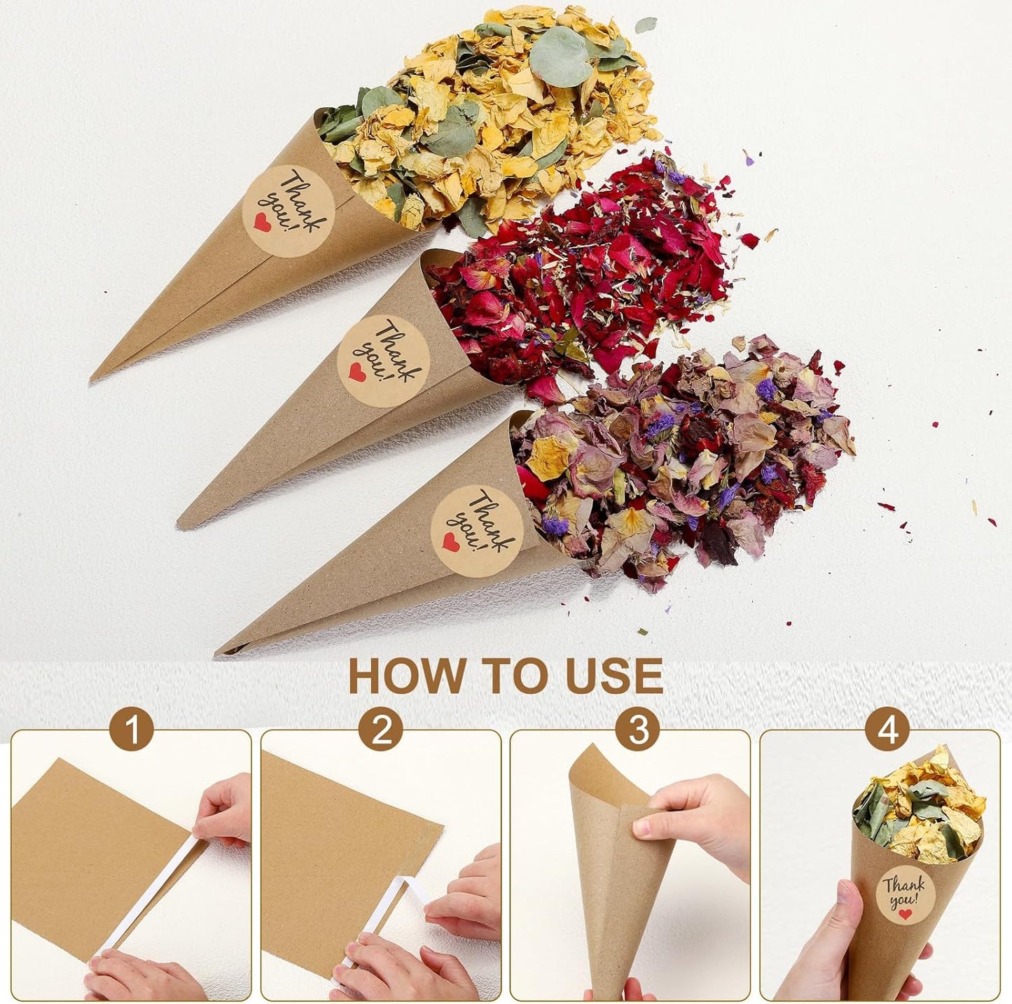 PATIKIL Dried Flower Confetti Cones, 30Pcs Paper Tapers Cone Holder with Dried Rose Petals / Sticker for Wedding Party Engagement Birthday DIY Decoration, Yellow/Green
