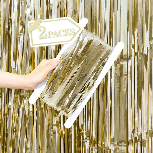 Metallic Tinsel Foil Fringe Curtains Backdrop Champagne Gold, 2 Pcs 3.28 ft x 6.56 ft Streamers for Birthday Party Graduation New Years Indoor Outdoor Photo Booth Windows Decorations Supplies