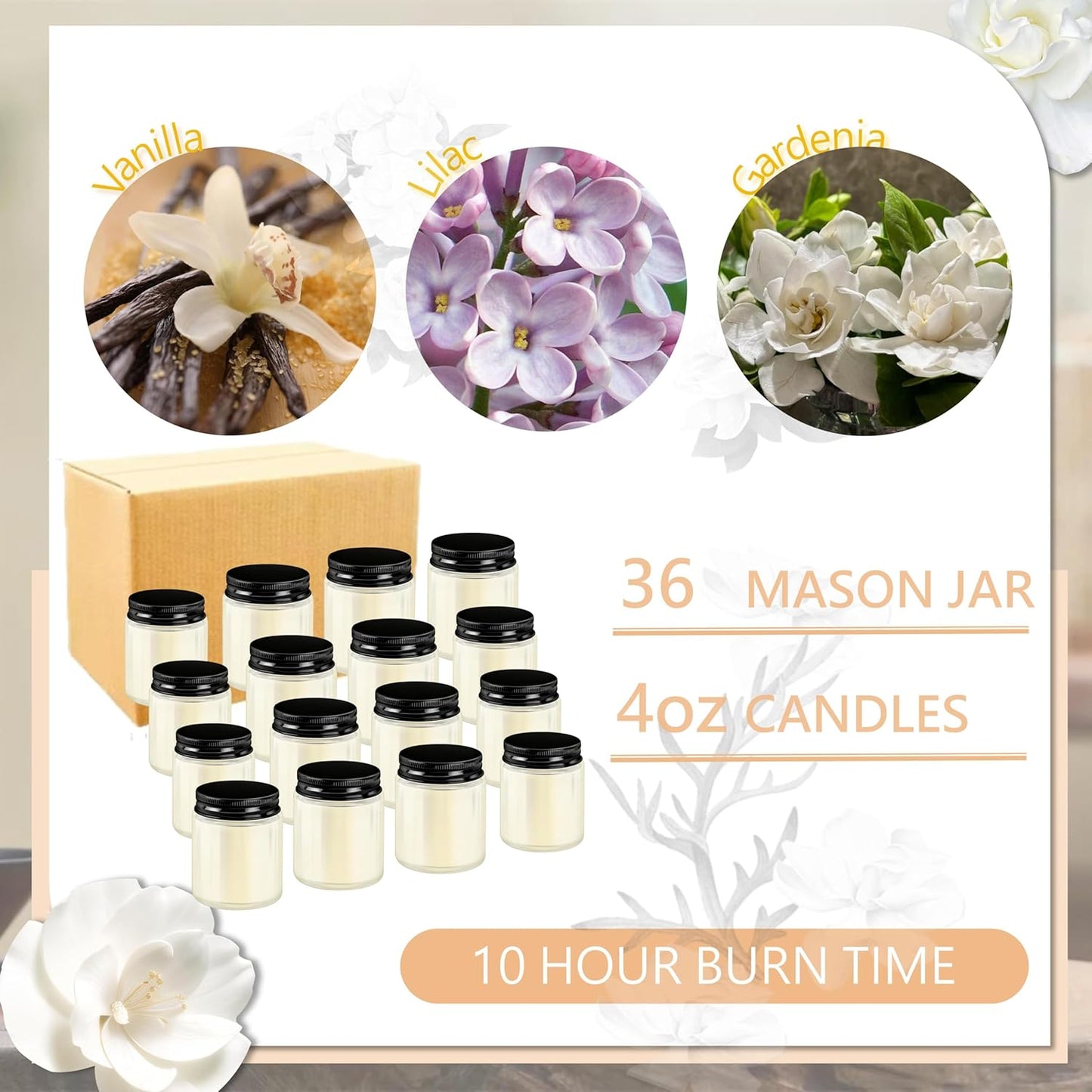 ACITHGL 36 Pcs 4oz Mini Mason Jar Candles Small Scented Candles Bulk Aromatherapy Ideal Souvenir Favors for Wedding Birthday Party (Vanilla, Lilac, Gardenia, Black)
