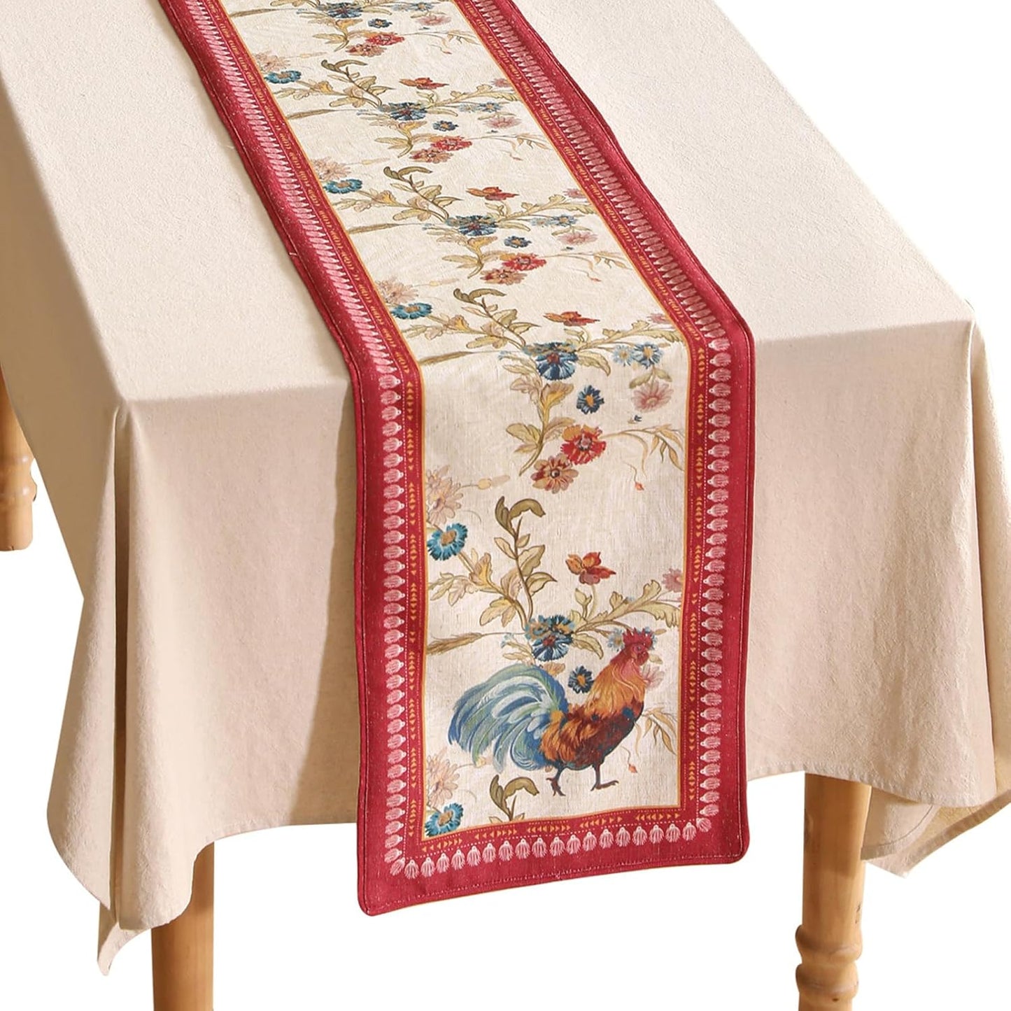 patdrea Designer Farmhouse Linen Table Runner, Rustic Cottage Mauve with Rooster and Floral Pattern Fabric Table Mat, Decoration for Kitchen Dining Coffee Table Banquet Christmas , 12"*71"