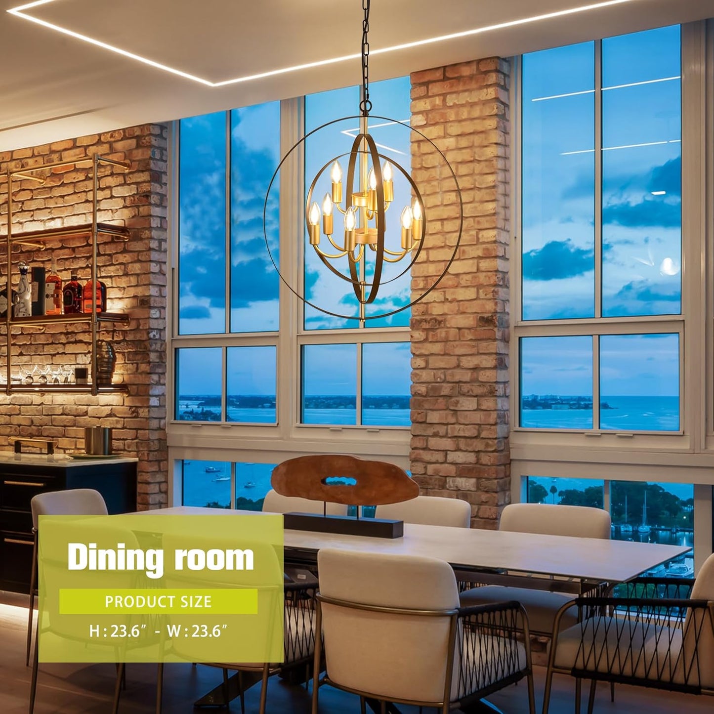 9-Light Globe Rustic Metal Chandelier, 23.6" Black Gold Adjustable Hanging Ceiling Pendant Light Fixture for Entryway Foyer Stairway Bedroom Dining Living Room Hallway