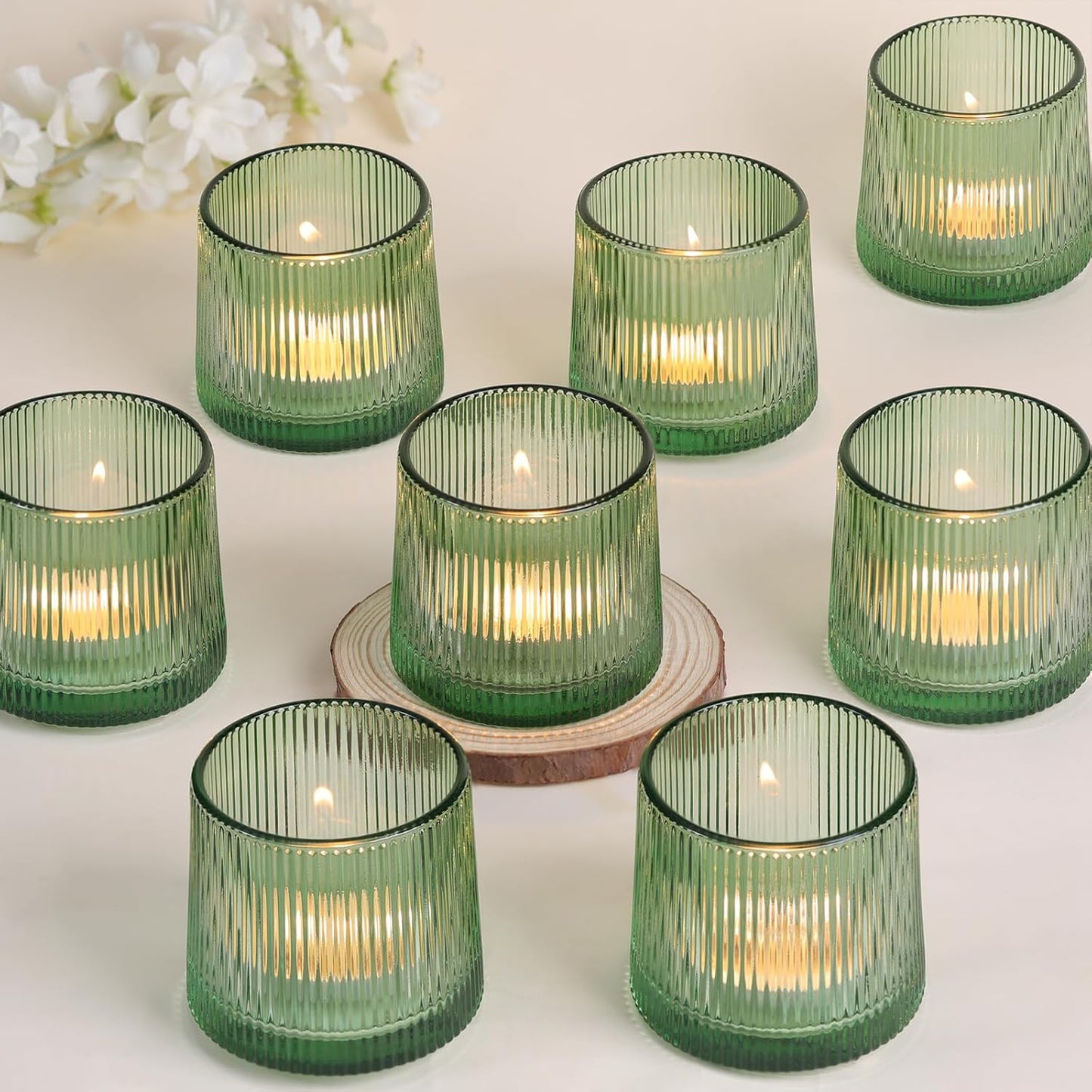DARJEN Green Ribbed Tealight Votive Candle Holders Set of 10- Votive Candle Holders for Table Centerpiece, Tea Light Candle Holder Glass for Wedding and Home Decor, Green Decor and Gifts