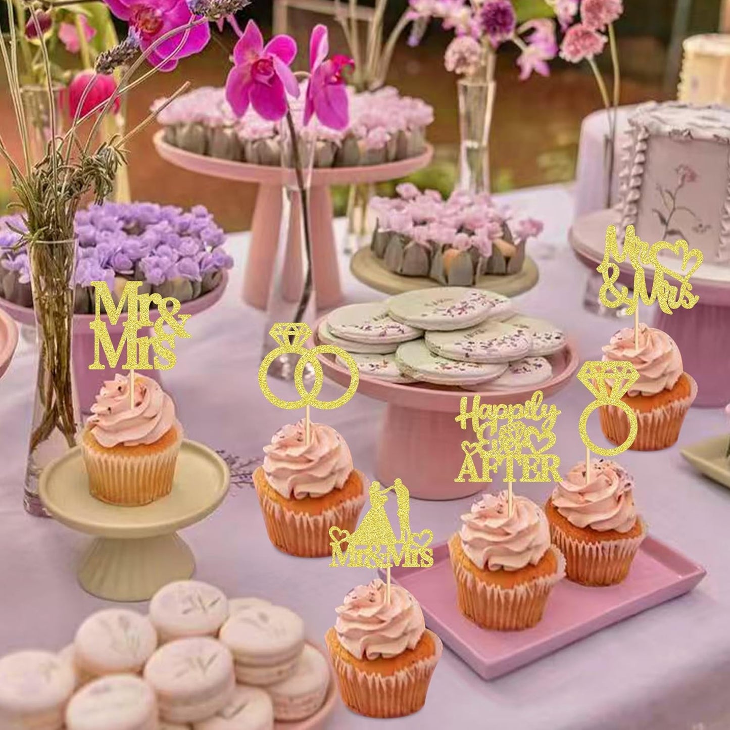 24 PCS Mr & Mrs Cupcake Toppers Wedding Engagement Party Picks Bridal Shower Anniversary Party Cake Decorations Supplies