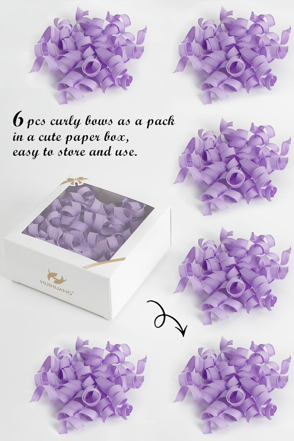 HUIHUANG Purple Bows for Gift Wrapping, Lavender Curly Ribbon Bows Self Adhesive Burst Gift Bow for Presents, Wine Bottle, Treat Bags, Wrap Accessories, Bridal Shower Wedding Party Favor - 6 Counts
