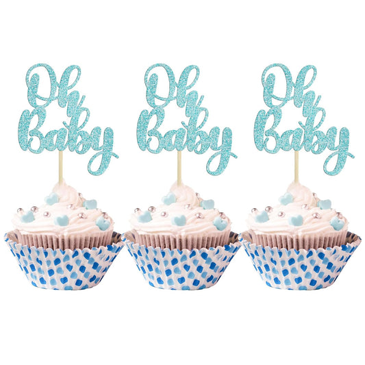 Gyufise 36Pcs Oh Baby Cupcake Toppers Glitter Baby Shower Cupcake Picks Oh Baby Cake Pick for Baby Shower Kids Boys Girls Birthday Party Cake Decorations Supplies Light Blue