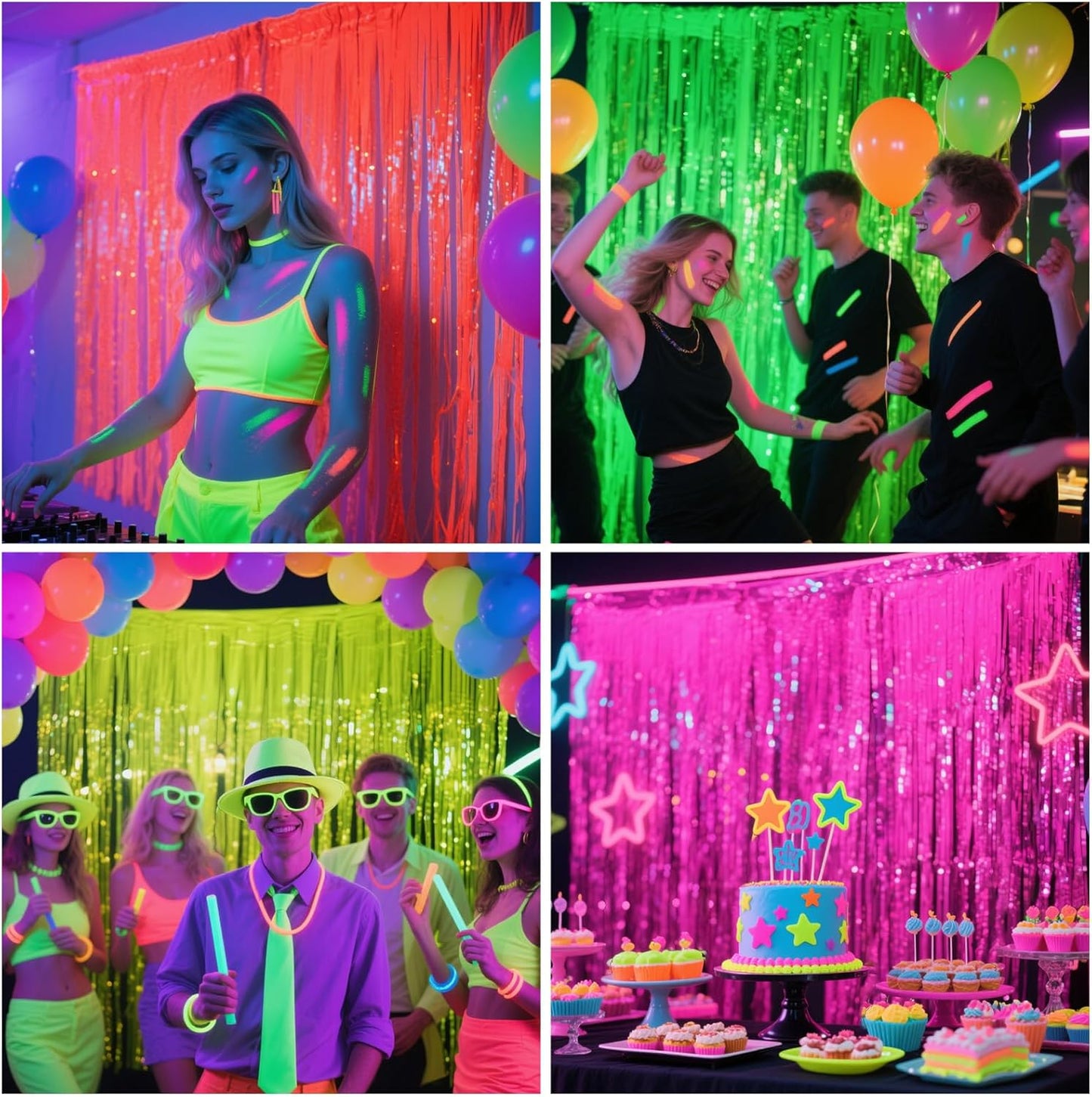 4 Packs Glow in The Dark Foil Fringe Curtain, Macaron Orange Blacklight Reactive Fluorescent Tinsel Backdrop Neon Luminous Streamers for Birthday, Wedding, Neon Party, Glow Party Decorations Supplies