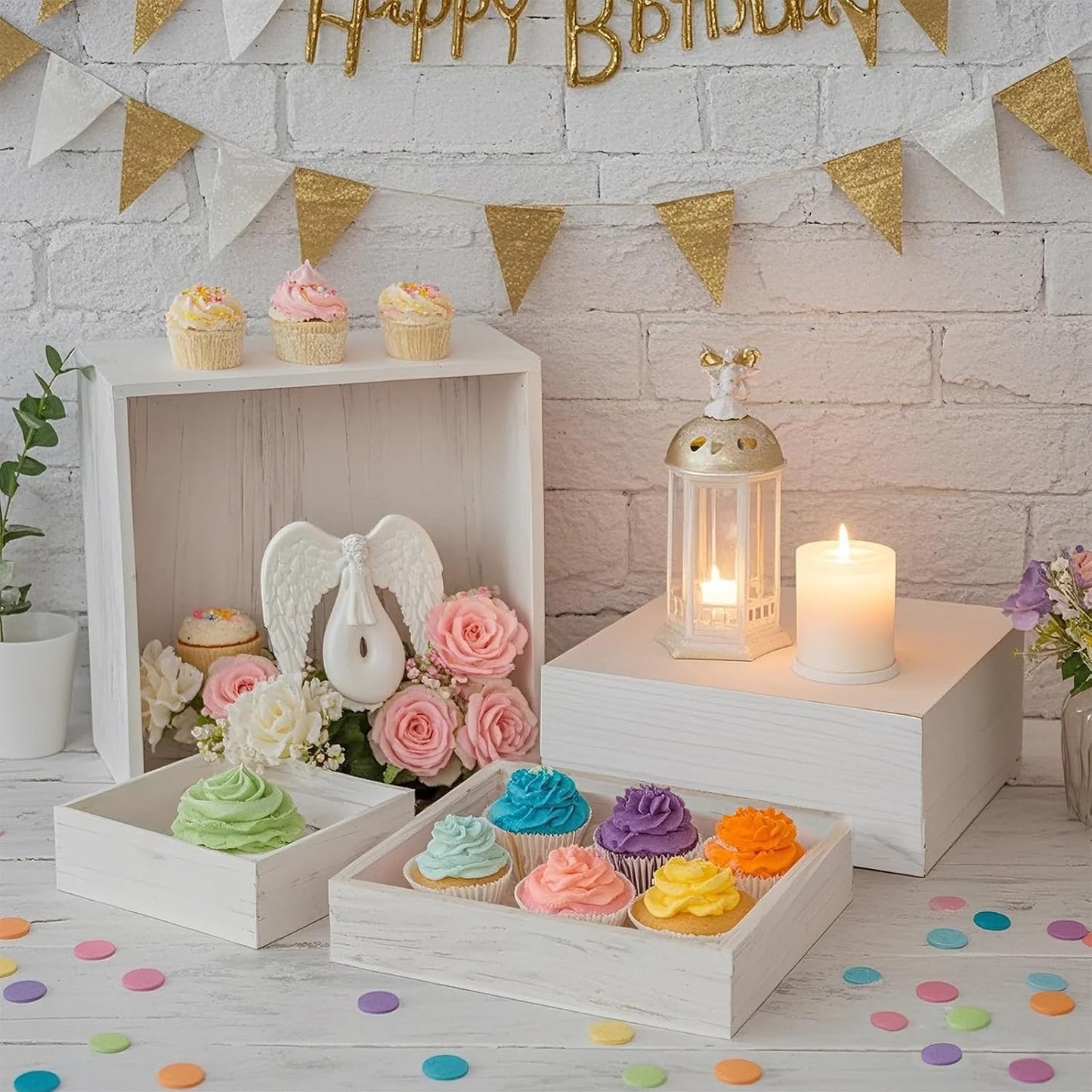 4 Pcs Buffet Risers, Wood Food Riser Dessert Display Stand for Party Wood Cupcake Stands Nesting Box for Display (Vinatge)