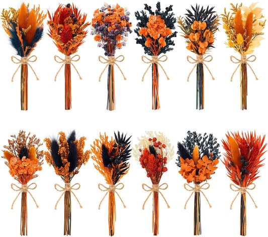 12/24 PCS Charming Dried Flowers Bouquet for Vase Various Dried Wildflowers with Stems Mini Handmade Wildflowers Natural Real Flowers Bulk Flowers Craft (Orange Soul, 12PCS)
