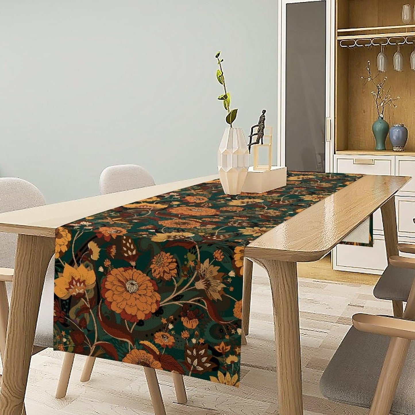 Orange Boho Floral Table Runner, Vintage Bohemian Home Kitchen Table Decoration for Birthday Party Picnic Decoration 13x70 Inch 1PCS