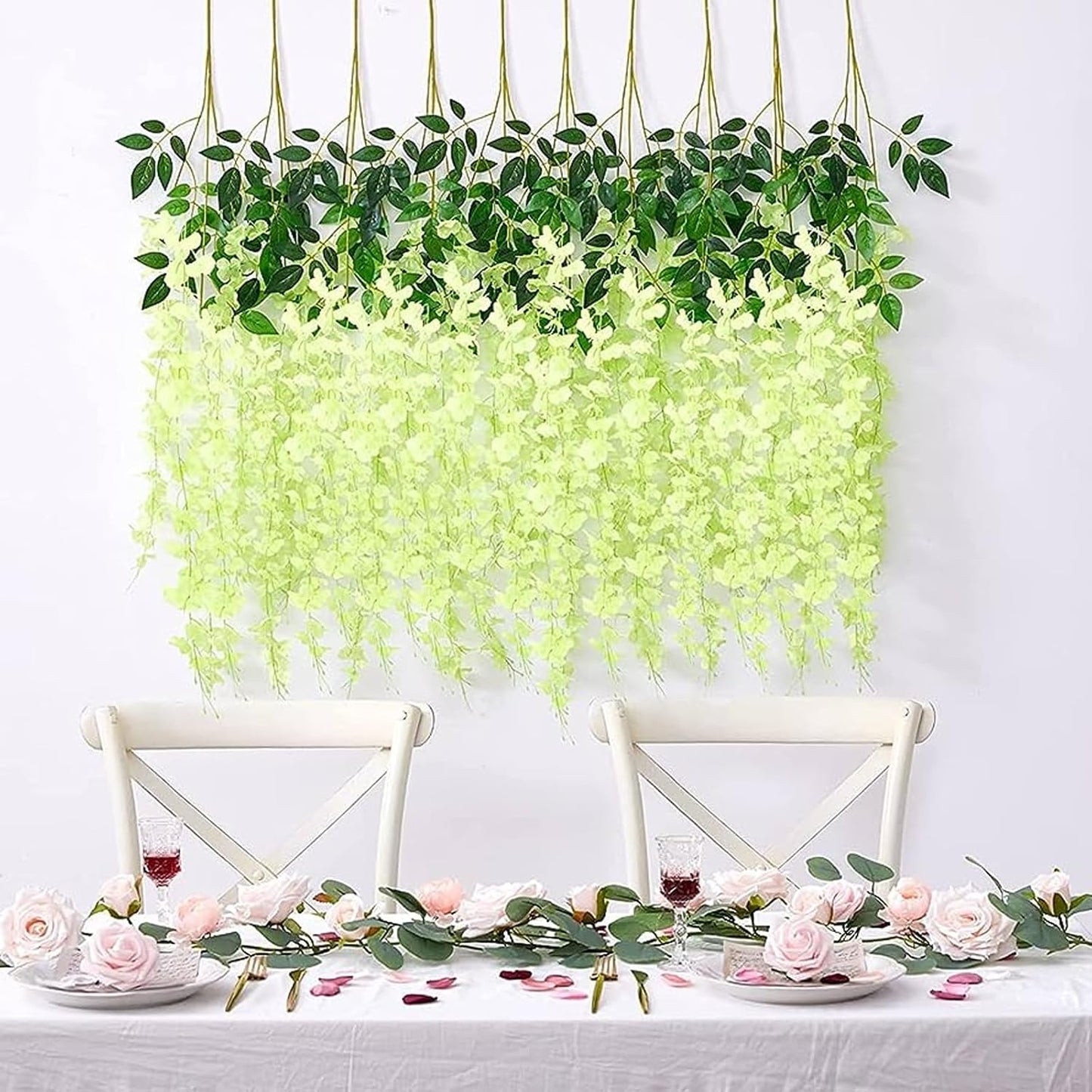 12 Pack Green Wisteria Hanging Flowers Garland, 3.77 Feet Artificial Flower Vines, Fake Wisteria, Artificial Vines Hanging Garland for Backdrop Outdoor Yard Garden Decor