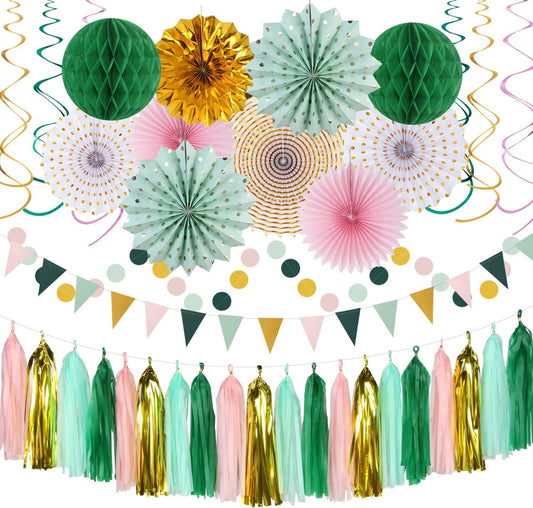 Sage-Green Pink Gold Party-Decorations - 33pcs Kits Tissue Pom Poms Honeycomb,Banner,Streamers Tassel Garland,Paper Lantern Fans, Wedding Engagement Bachelorette Birthday Baby Bridal Shower Hugtmr