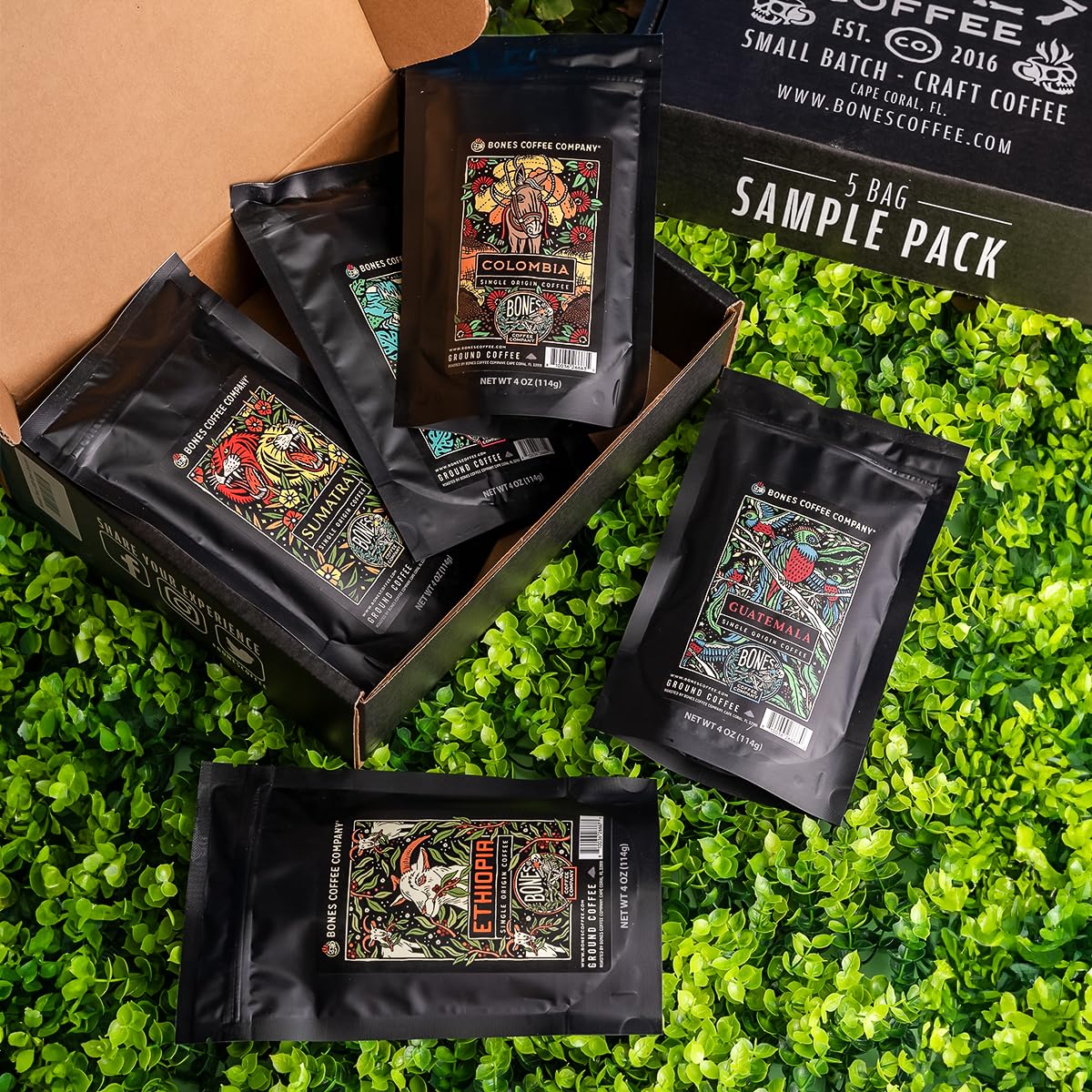 Bones Coffee Company NEW World Tour Sample Pack, Single-Origin Flavored Coffee Medium Roast Arabica Beans Specialty Coffee Gifts Compatible Auto Drip and French Press, 4 oz Pack of 5 Whole Bean