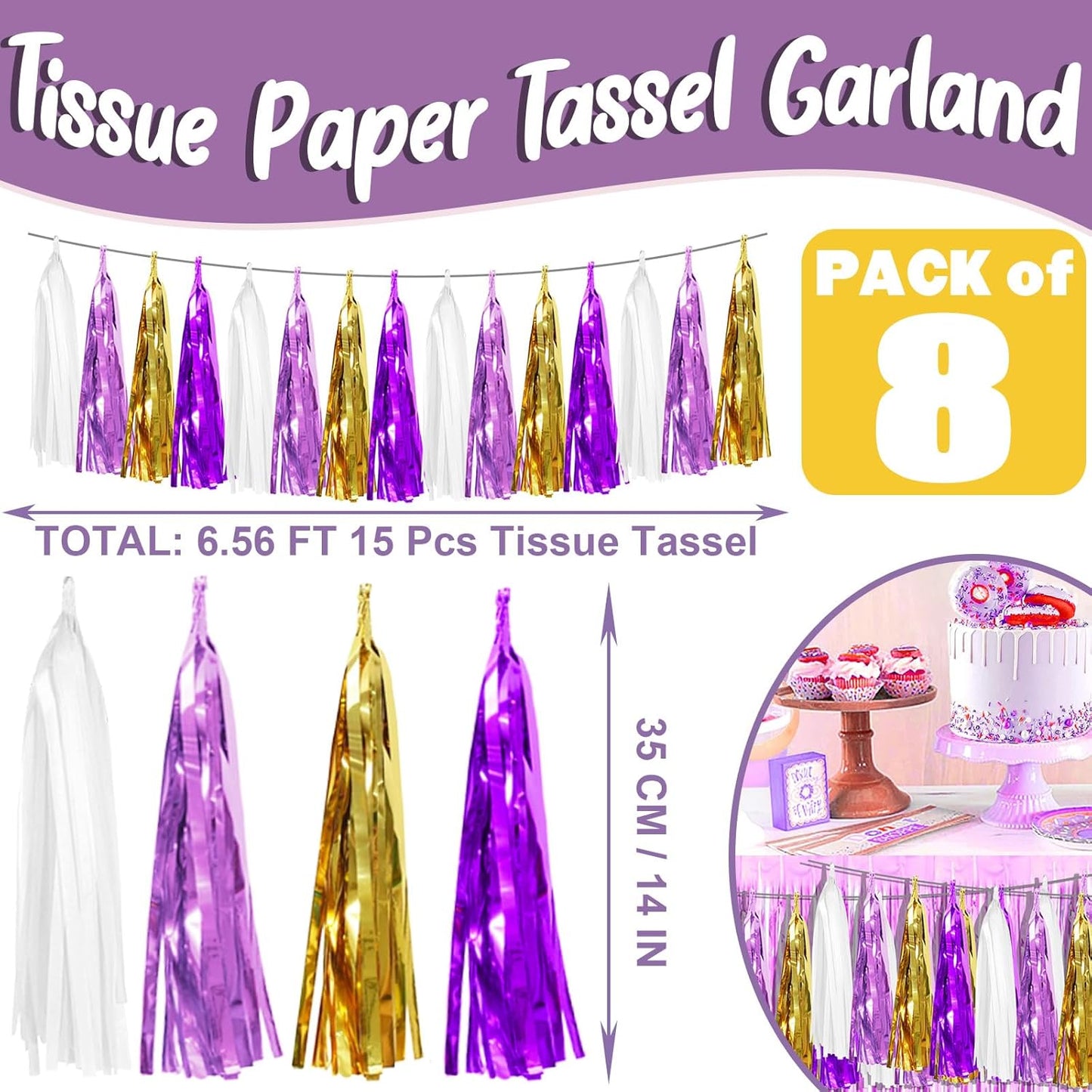 8P Purple-Gold Party Decoration Tassel Garland, Tassels Banner Streamers for Parade Floats, Bachelorette, Wedding, Birthday, Halloween, Christmas, Bridal/Baby Shower Party Decorations