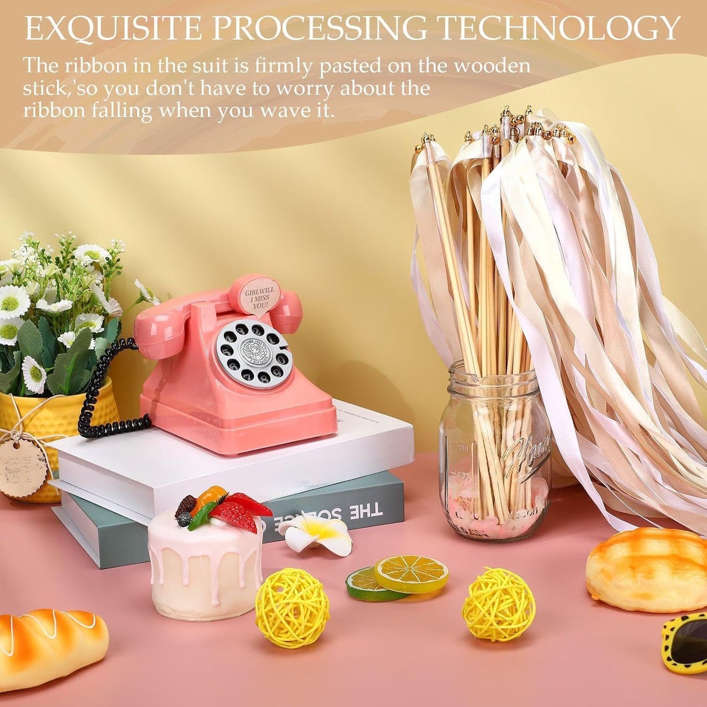 Boao 40 Pieces Mixed Color Ribbon Sticks with Bell, Ribbon Sticks for Stick Party, Streamers for Wedding Birthday Party Celebration Baby Shower Favors(White, Beige, Champagne)