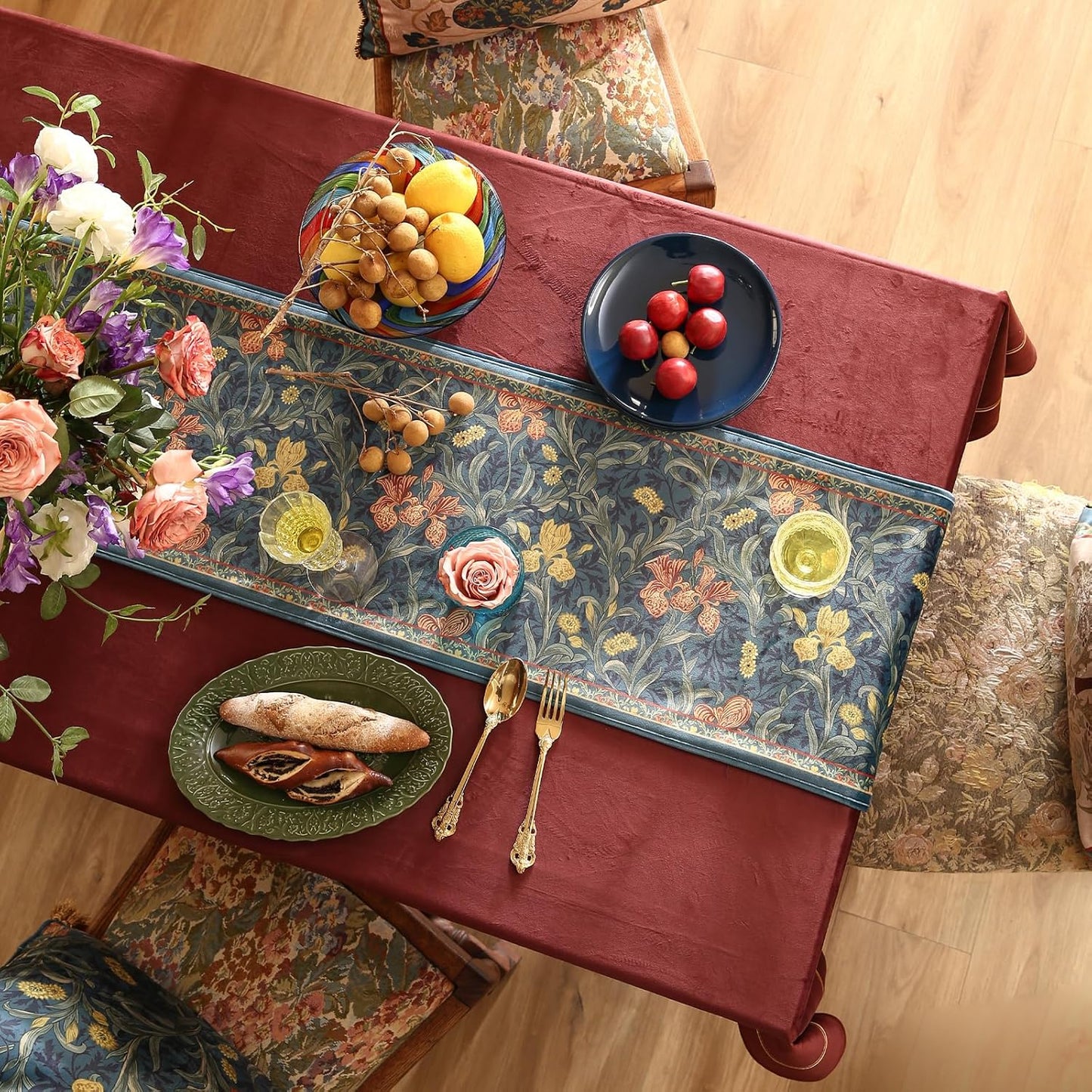 patdrea Designer Casual Wild Floral Velvet Table Runner 118 Inch Long, Dark Blue Occult Bouquets Pattern Table Mat, Decoration for Kitchen Dining Coffee Table Cabinet Banquet Thanksgiving,12"*118"