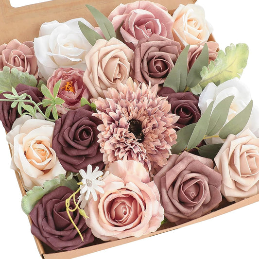 Floroom Dusty Rose Mauve Artificial Flowers Fake Roses Peony and Greenery Combo Box Set for DIY Wedding Bouquets Bridal Shower Centerpieces Floral Arrangements Party Tables Home Decorations