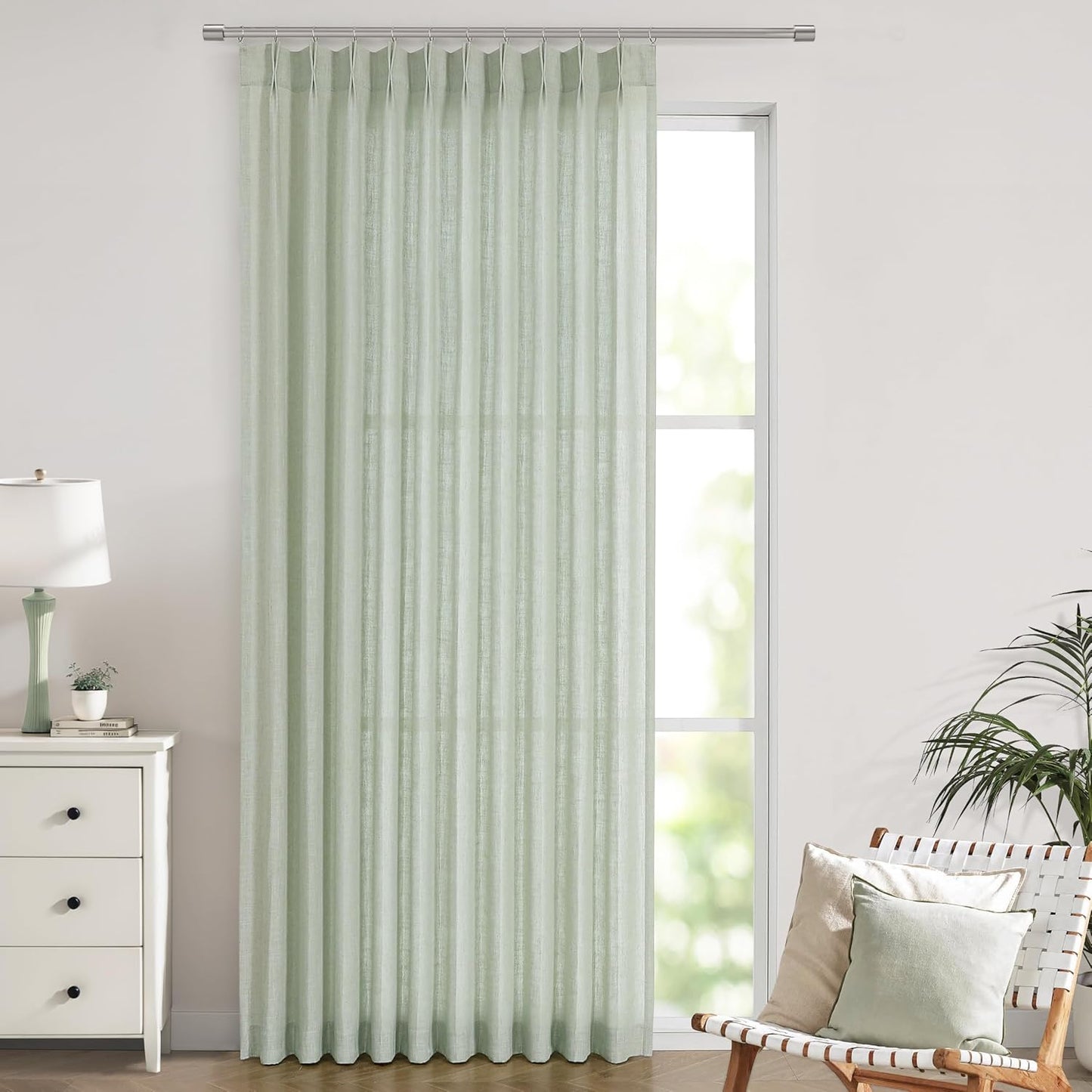 Vision Home Light Green Pinch Pleated Semi Sheer Curtains Textured Linen Blended Light Filtering Window Curtains 112 inch for Living Room Bedroom Patio Pinch Pleat Drapes with Hooks 1 Panel 60"Wx112"L
