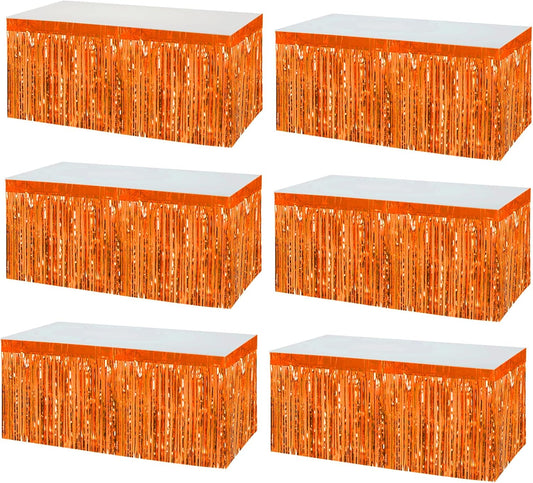 6 Pack 29x108 Inch Orange Metallic Foil Fringe Tinsel Table Skirts Banner for Rectangle Tables Streamer Garland Curtains Backdrop for Wedding, Birthday, Parade Floats, Christmas Party Decoration