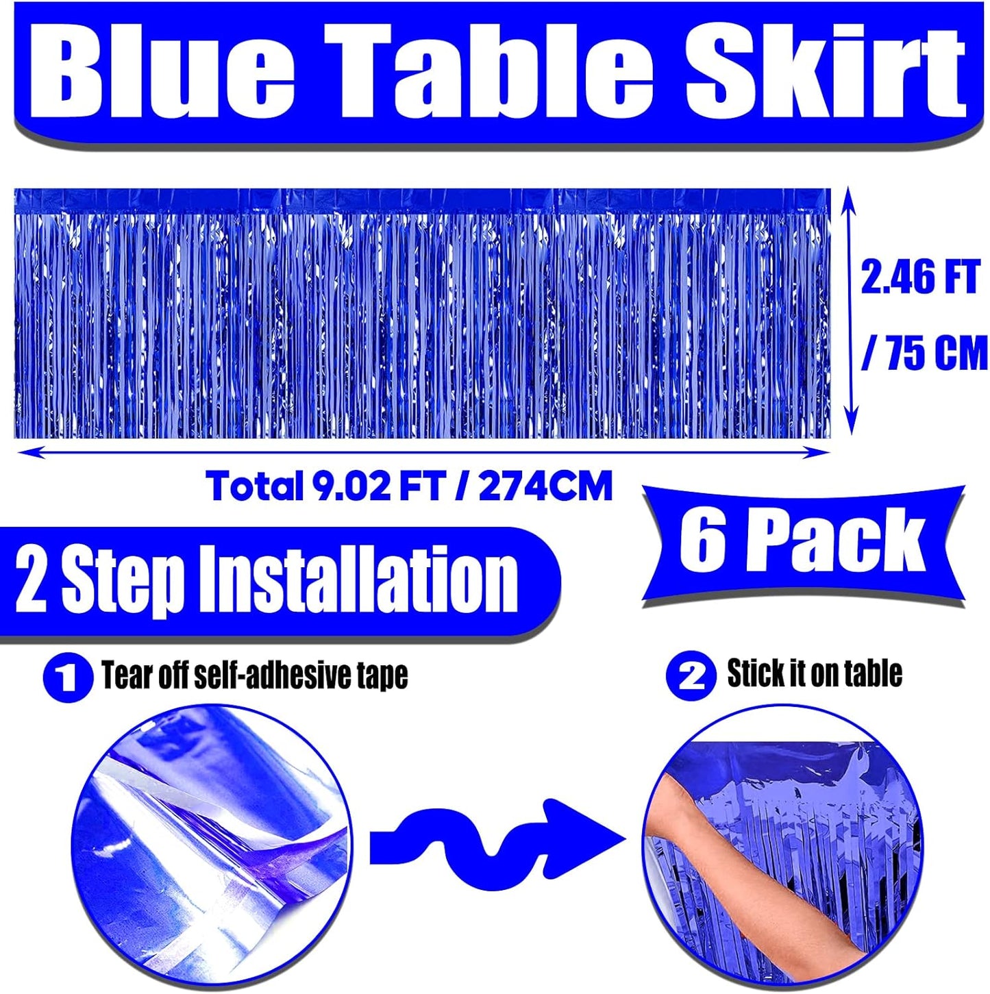 6 Pack 29x108 Inch Metallic Foil Fringe Tinsel Table Skirts Banner for Rectangle Tables Streamer Garland Curtains Backdrop for Wedding, Birthday, Parade Floats, Christmas Party Decoration(Blue)