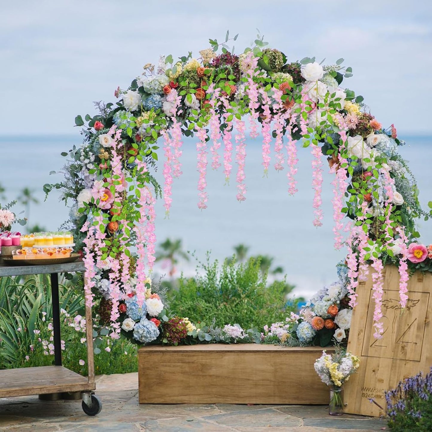 12 Pack Pink Wisteria Hanging Flowers Garland, 3.77 Feet Artificial Flower Vines, Fake Wisteria, Artificial Vines Hanging Garland for Backdrop Outdoor Yard Garden Decor