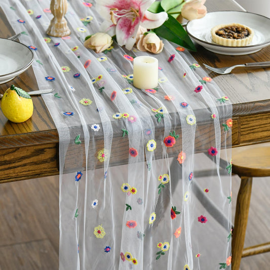 Artoid Mode 3PCS Embroidery Daisy Gauze Table Runner 120 Inch 10FT, Seasonal Sheer Kitchen Dining Holiday Wedding Birthday Table Decor for Home Party