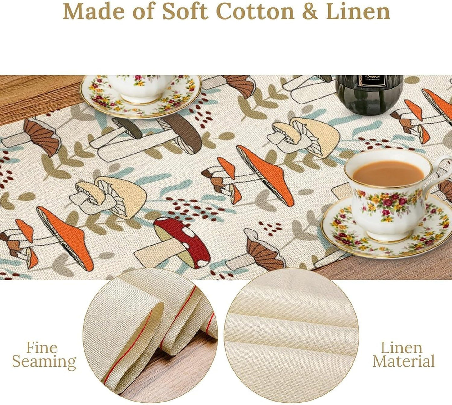 Mushroom Table Runner, Vintage Nature Plant Table Runner for Farmhouse Kitchen Dining Table Decoration for Home Party Decor 13x108 Inch