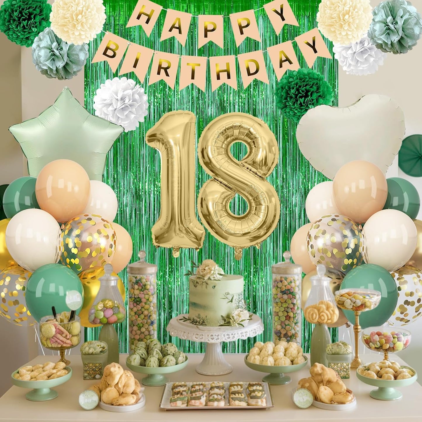 Sage Green 18th Birthday Decorations for Boys Girls Gold Number 18 Balloon Nude Gold Happy Birthday Banner Fringe Curtain Paper Pom Poms Olive Green Cream White Sand Star Foil Balloons Party Decor