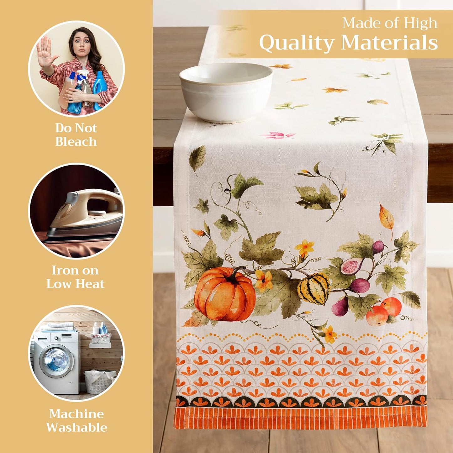 Maison d' Hermine Table Runner 100% Cotton Single Layer Table Runners 72 inches Long for Thanksgiving Christmas Decorations Home Kitchen Dining Wedding (Pumpkin Garden - Cloudy Cream, 14.5" x 72")